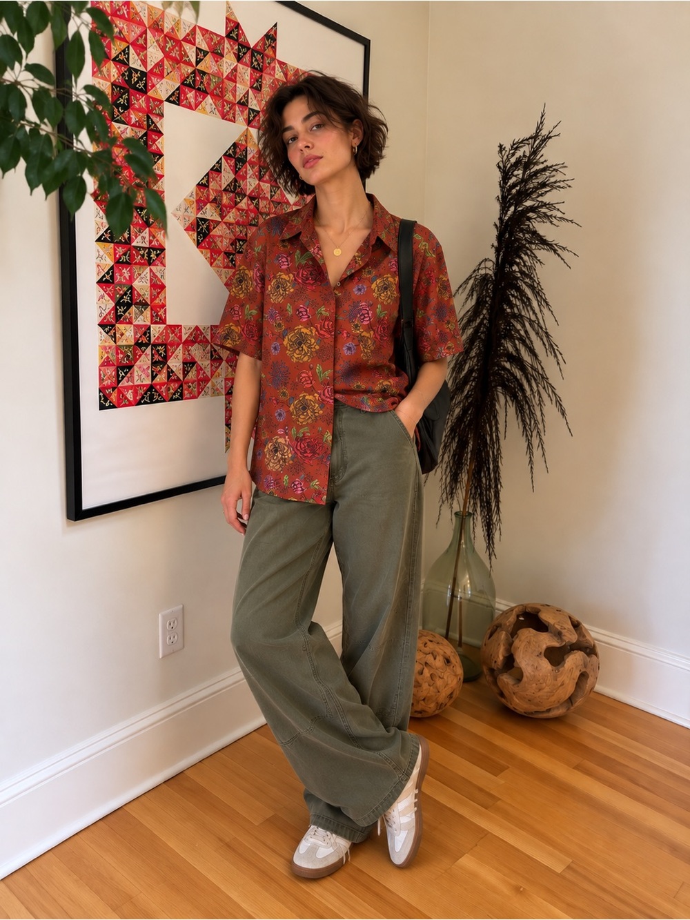 Wildfang Rust Floral Button-Up Shirt